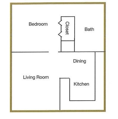 Floor plan for 1 bed, 1 bath, 630 sqft